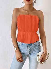 SHEIN Privé 素色百褶抹胸上衣 - 橘色 - 查看 4
