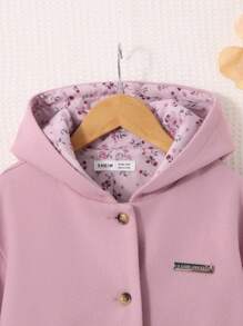 SHEIN Tween Girl Letter Patched Detail Dual Pocket Hooded Overcoat,In Fall/Winter