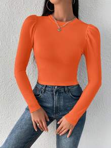 SHEIN Privé Camiseta unicolor de manga farol - Naranja - Ver 3