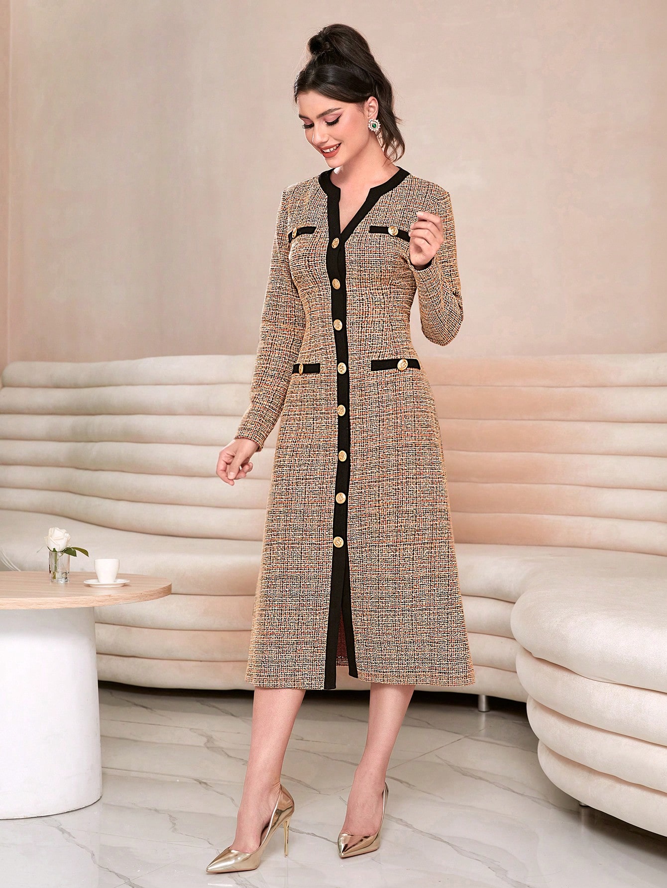 Modelyn فستان سهرة طويل أمامي مع أزرار بتصميم الأل...