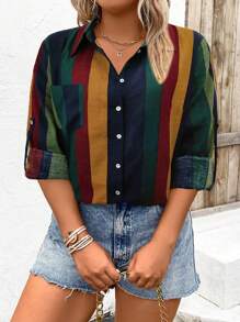 SHEIN LUNE Talla grande Camisa con estampado de rayas de manga enrollada con botón