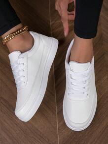 Zapatos Blancos Lisos Femeninos Con Tacón Plano Y Cordones, De Moda - Blanco - Ver 1
