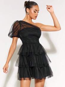 SHEIN BAE 單肩泡泡袖褶邊網紗覆蓋洋裝 - 黑色 - 查看 3