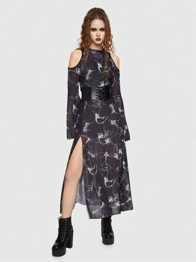 Goth Allover Print Cold Shoulder Split Thigh Dress Without Belt
