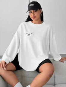 SHEIN EZwear Plus Letter Graphic Drop Shoulder Sweatshirt - White - View 4