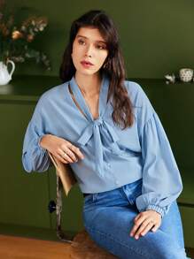 SHEIN Frenchy Cà vạt Thả vai Tay áo lồng đèn Áo - Màu xanh nhạt - Xem 1