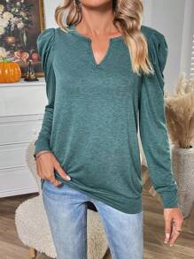 SHEIN LUNE Notched Neckline Gigot Sleeve Tee - Mint Green - View 1