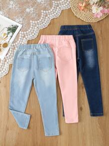SHEIN Vintaside Kids Ensembles de 3 pièces de jeans boyfriend à taille élastique, poches plates, pour jeune fille, tenue de tous les jours idéale