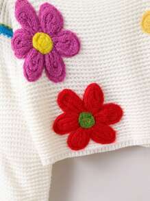 SHEIN Tween Girl Floral Patched Contrast Panel Waffle Knit Crop Sweater - White - View 4