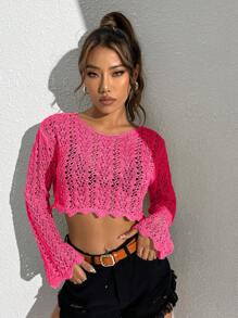 SHEIN EZwear Hollow Out Scallop Trim Crop Sweater - Hot Pink - View 1