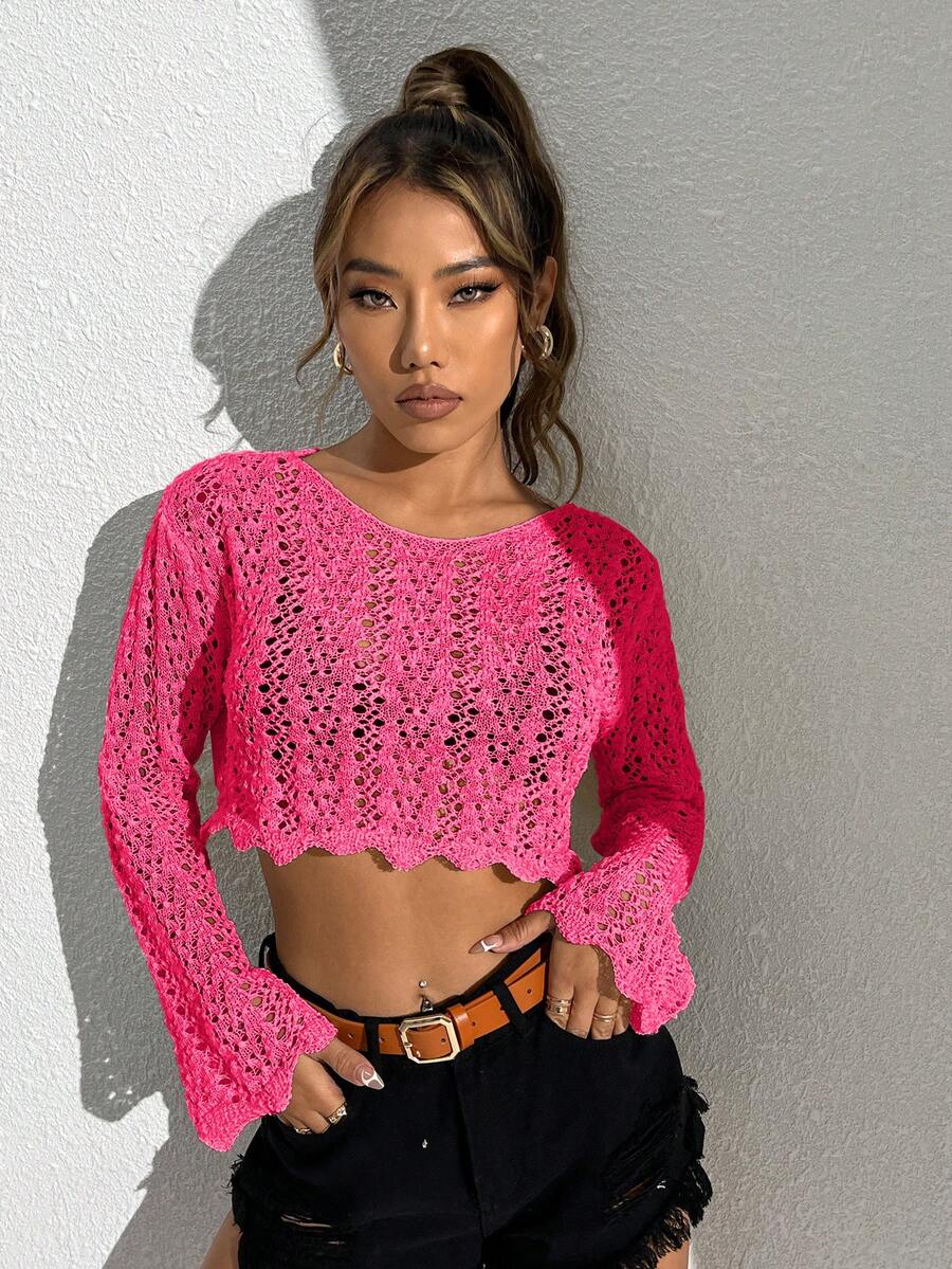 SHEIN EZwear Hollow Out Scallop Trim Crop Sweater - Hot Pink - View 1