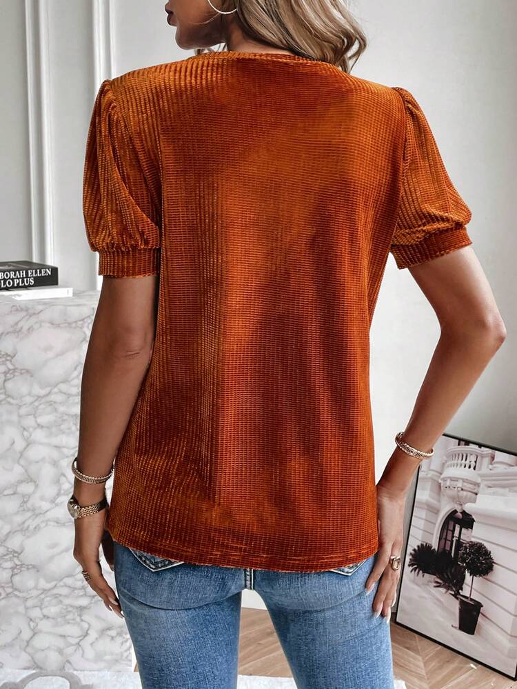 Solid Puff Sleeve Velvet Tee