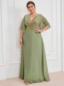 大碼亮片拼接蝴蝶袖雪紡超長派對禮服 - 綠色 - 查看 4