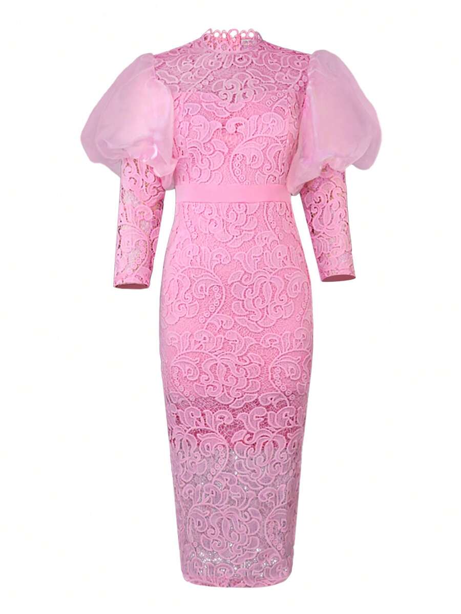 Contrast Mesh Lace Dress - Pink - View 1