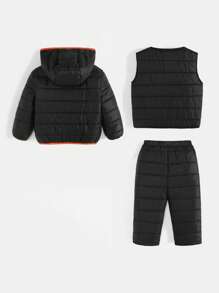 SHEIN 男嬰字母貼布撞色滾邊連帽夾克&背心和褲子 - 黑色 - 查看 2