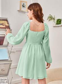 SHEIN Teen Girl Sweetheart Neck Ruched Front Lantern Sleeve Dress - Mint Green - View 2