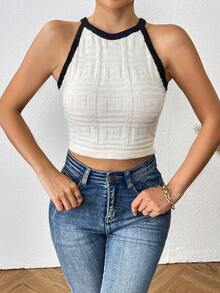 SHEIN Essnce Tương phản ràng buộc Mùa vụ Dây Knit ngọn - Màu be - Xem 7