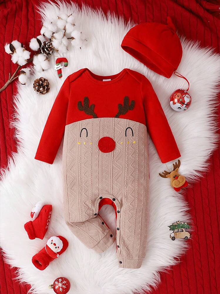 Bébé Fille Noël À Broderie À Blocs De Couleurs Combinaison & Chapeau - Rouge - Voir 1