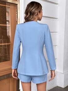 SHEIN Essnce 1pc Pearls Beaded Open Front Blazer & 1pc Shorts In Fall/Winter - Baby Blue - View 2