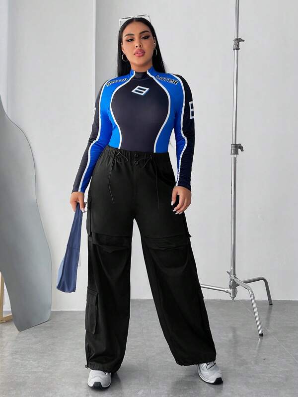 SHEIN ICON Talla grande Pantalones cargo con bolsillo con solapa bajo con cordón