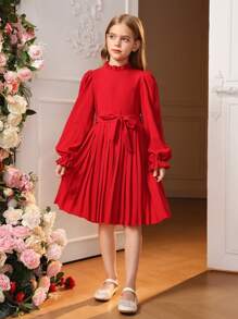 SHEIN Cô gái Tween Cổ diềm tay áo lá sen Viền xếp Váy có thắt lưng - Đỏ - Xem 3