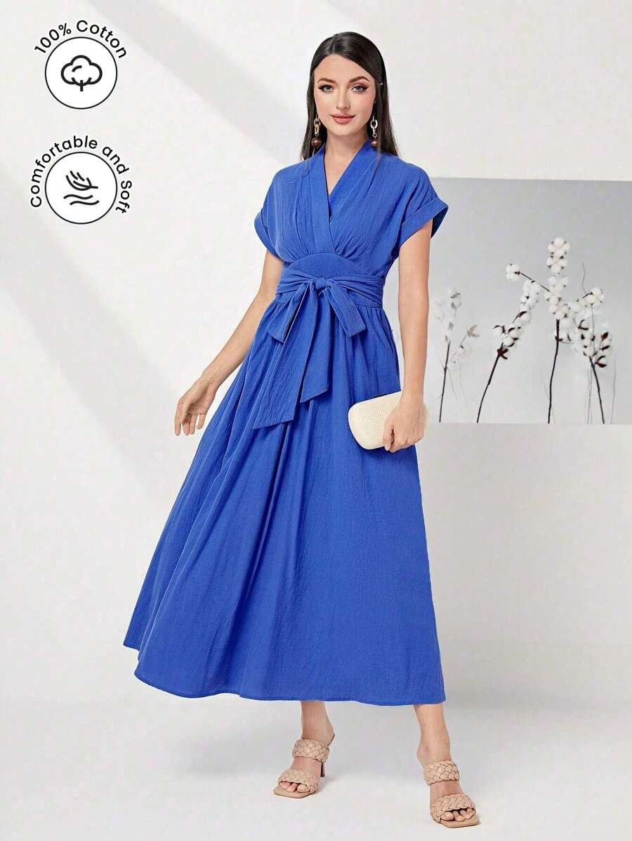 Modelyn Bông 100% Chất rắn Thắt lưng Áo choàng mặt trước Đầm - Màu xanh lam - Xem 1