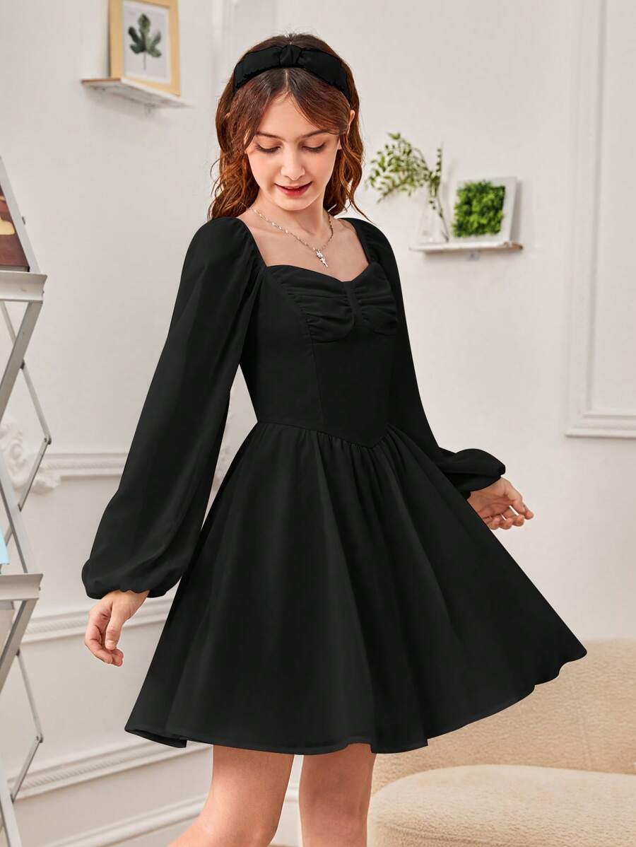 SHEIN Teen Girl Sweetheart Neck Lantern Sleeve Dress - Black - View 1