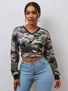 SHEIN Unity Camo Print Drop Shoulder Crop Sweatshirt Pullover Fall Sweatshirt - Multicolor - View 3