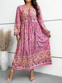 SHEIN Holidaya 大碼印花燈籠袖前打結洋裝 - 粉色 - 查看 2