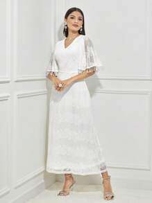 Modelyn Fringe Trim Butterfly Sleeve Lace Dress - White - View 1