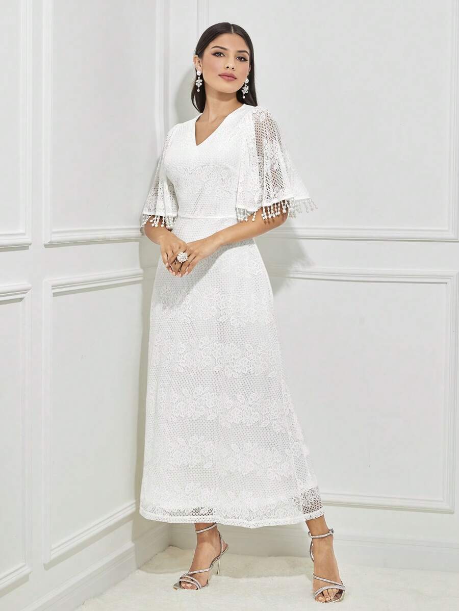 Modelyn Fringe Trim Butterfly Sleeve Lace Dress - White - View 1