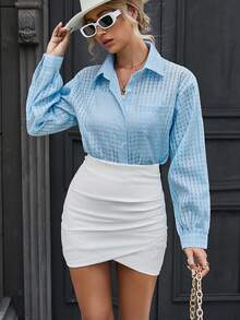 SHEIN Privé Plaid Print Drop Shoulder Button Front Shirt - Blue - View 3