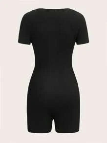 SHEIN EZwear Letter Patched Detail Unitard Romper - Black - View 2