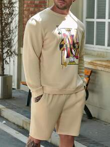 Manfinity Homme Men Plus Playing Card Print Sweatshirt & Drawstring Waist Shorts