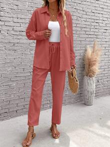 EMERY ROSE Solid Button Front Shirt & Drawstring Waist Pants - Dusty Pink - View 3