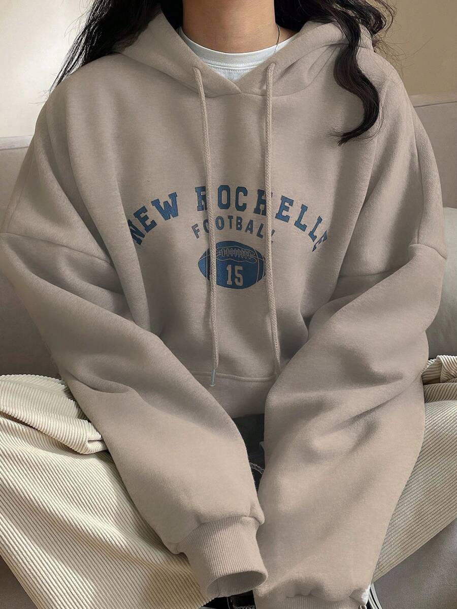 DAZY 女士保暖连帽卫衣,休闲字母印花套头衫,秋冬连帽衫 - 駝色 - 查看 1