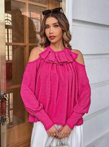 SHEIN Privé Swiss Dot Cold Shoulder Ruffle Trim Lantern Sleeve Blouse - Hot Pink - View 4