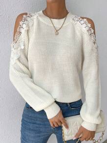 SHEIN Essnce Giấy dán hoa văn Lace  Tay Raglan Áo len - Màu be - Xem 4