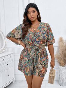 SHEIN Unity Plus Paisley Print Butterfly Sleeve Belted Romper