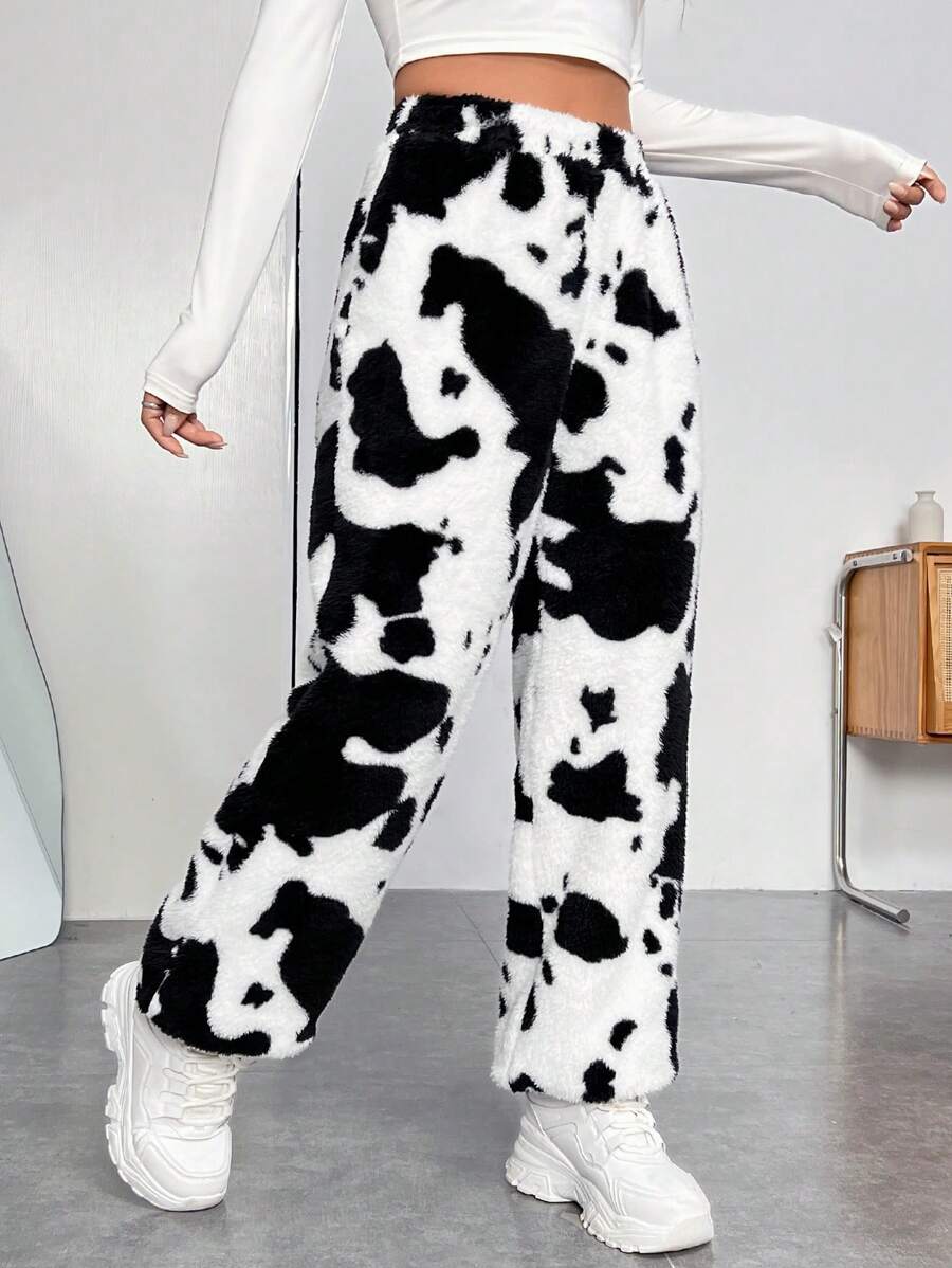 Muchica 奶牛圖案法蘭絨長褲 - 黑與白 - 查看 1