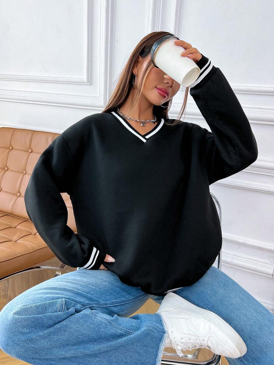 SHEIN Unity Striped Trim Drop Shoulder Sweatshirt,Long Sleeve Tops Graduation,Back To School,Graduation,Teacher For Women,Back To School Pullover Fall Sweatshirt - Black - View 1