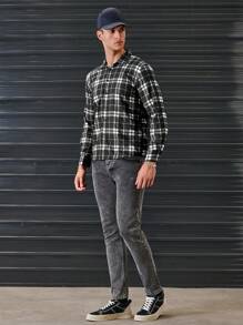 SHEIN Cottnline Men Plaid Print Button Front Shirt - Black and White - View 7