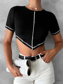 EURMUSE Women's Round Neck Short Sleeve Asymmetric Hem Casual T-Shirt - Black - View 1