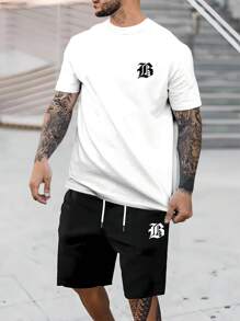 Manfinity Homme Nam Đồ họa Chữ cái Áo thun & Eo dây rút Quần short - Đen và trắng - Xem 1