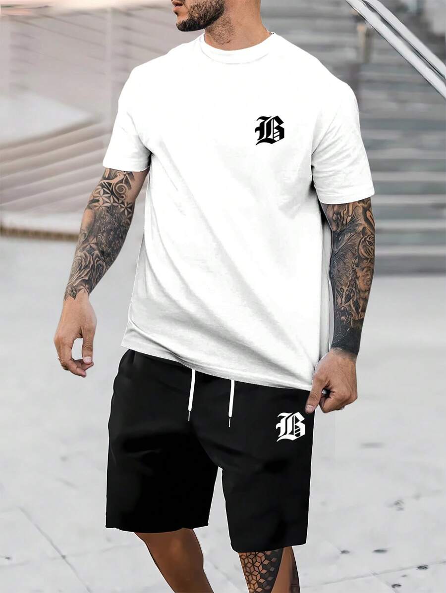 Manfinity Homme Hombres con estampado de letra Camiseta & de cintura con cordón Shorts - Blanco y Negro - Ver 1