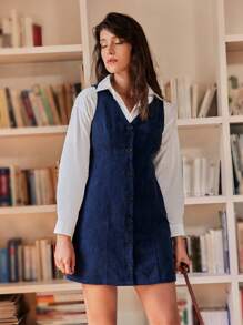 SHEIN Frenchy Nút phía trước Vải to sợi Đầm Tổng thể Không có áo lót - Màu xanh hải quân - Xem 4