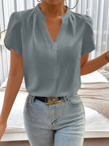 SHEIN Privé Spring Break Solid Notched Neckline Petal Sleeve Work Women White Shirt Blouse - Grey - View 4
