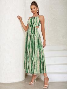 All-Over Print One-Shoulder Cutout Waistband Open-Back Strappy Dress - Dark Green - View 7
