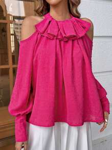 SHEIN Privé Swiss Dot Cold Shoulder Ruffle Trim Lantern Sleeve Blouse - Hot Pink - View 5
