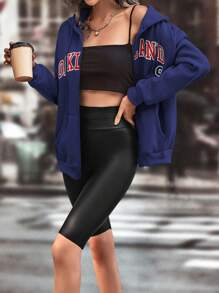 SHEIN Unity 字母圖案落肩袖抽繩加絨內裏連帽衫 - 藏蓝色 - 查看 6